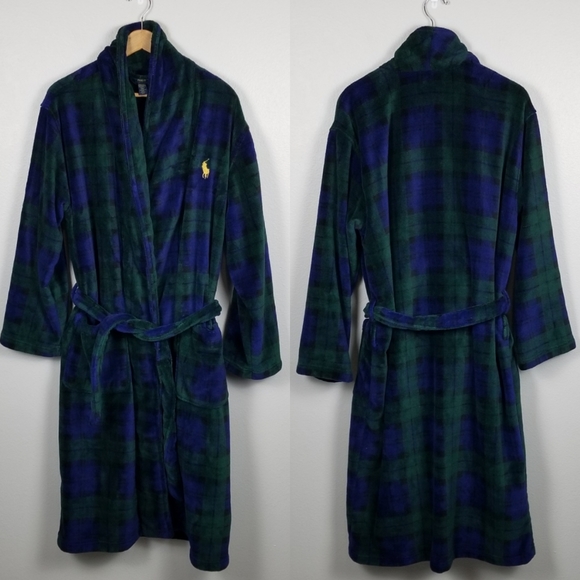 Polo Ralph Lauren Plaid Shawl Collar Blackwatch Tartan Plush Robe Size Small - Picture 3 of 12
